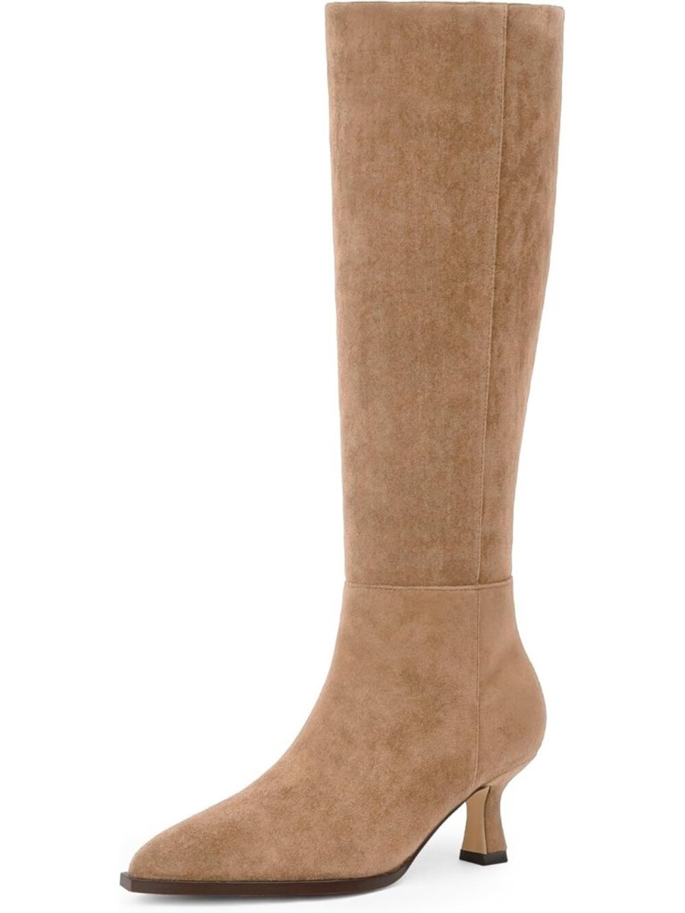 Women's Tan Suede Knee High Boots Kitten Heels Pointed Toe Tall Boots Low Heel